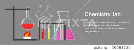 Banner Chemistry Lab with Flasks and Beakers on Grey Background Vector Illustration Banner Chemistry Lab with Flasks and Beakers on Grey Background Vector Illustration 50063150
