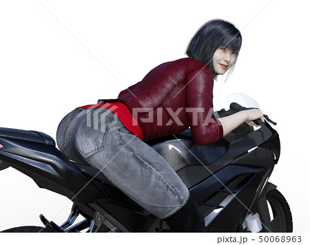 バイクにまたがる若い女性のイラスト素材