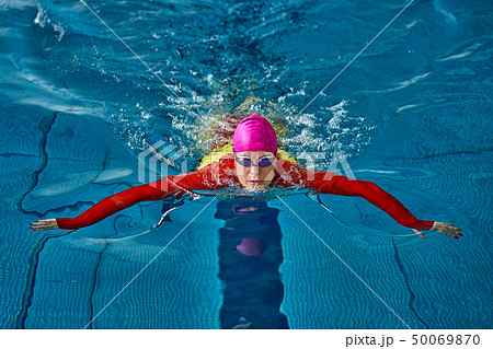 Female athlete in a red-yellow swimsuit is Female athlete in a red-yellow swimsuit is 50069870