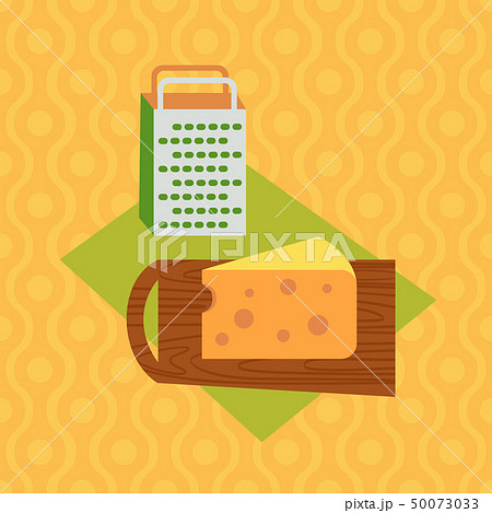 Cartoon cheese slice and grater on textured tablecloth Cartoon cheese slice and grater on textured tablecloth 50073033