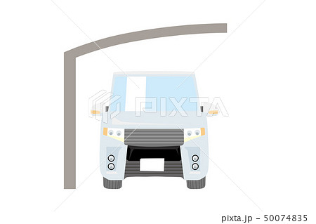 可愛い車とカーポートのイラスト 車正面 ミニバン 駐車場 屋根 白背景 ベクターデータのイラスト素材