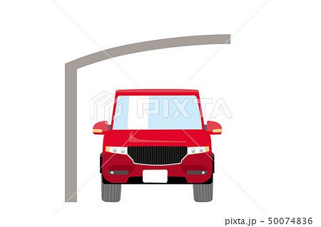 可愛い車とカーポートのイラスト 車正面 クロスオーバーsuv 駐車場 屋根 白背景 ベクターデータのイラスト素材
