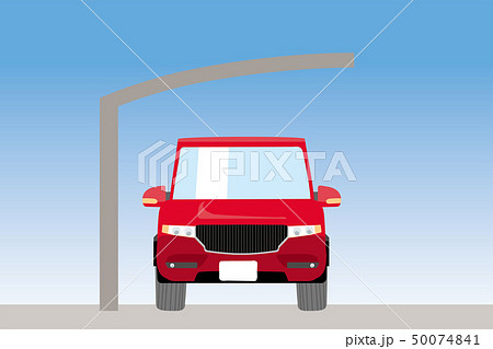 可愛い車とカーポートのイラスト 車正面 クロスオーバーsuv 駐車場 屋根 青空背景 ベクターデータのイラスト素材