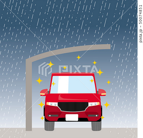可愛い車とカーポートのイラスト 車正面 雨対策 駐車場 屋根 クロスオーバーsuvのイラスト素材