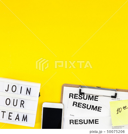 Join our team flat lay on yellow background Join our team flat lay on yellow background 50075206