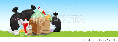 lots of garbage bags plastic waste at grass floor 50075734