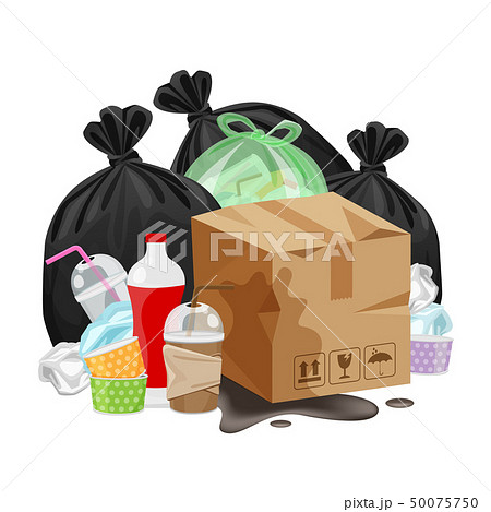 pile of plastic waste dump and paper crate boxes 50075750