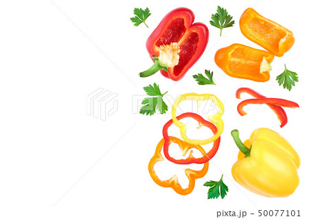 yellow orange and red sweet bell pepper isolated on white background with copy space for your text yellow orange and red sweet bell pepper isolated on white background with copy space for your text 50077101