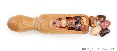 variegated kidney bean in wooden spoon isolated on white background. Top view. Flat lay 50077174
