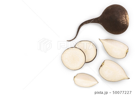 Black radish with slices isolated on white background with copy space for your text. Top view. Flat 50077227