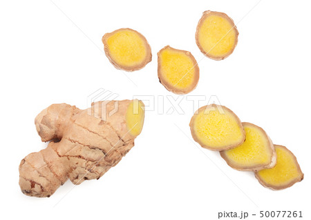 fresh Ginger root and slice isolated on white background. Top view. Flat lay fresh Ginger root and slice isolated on white background. Top view. Flat lay 50077261
