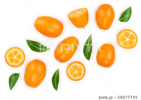 Cumquat or kumquat with half isolated on white background. Top view. Flat lay 50077745
