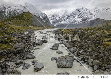 River through Hooker Valley in Mount Cook National Park, New Zealand River through Hooker Valley in Mount Cook National Park, New Zealand 50081108