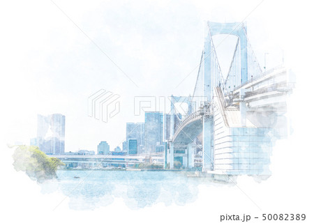 レインボーブリッジと高層マンション 水彩画風 レインボーブリッジと高層マンション 水彩画風 50082389