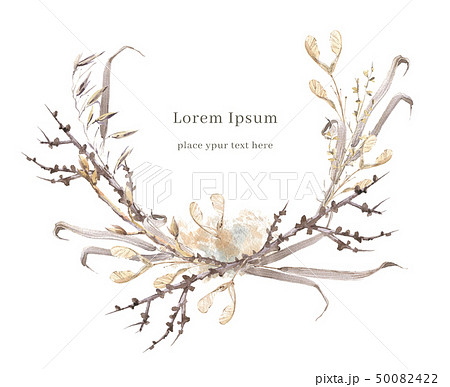 Watercolor composition with dry brown herbs. Card wreath template. Watercolor composition with dry brown herbs. Card wreath template. 50082422