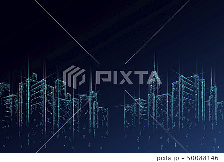 Low poly smart city 3D wire mesh. Intelligent building automation system business concept. High 50088146