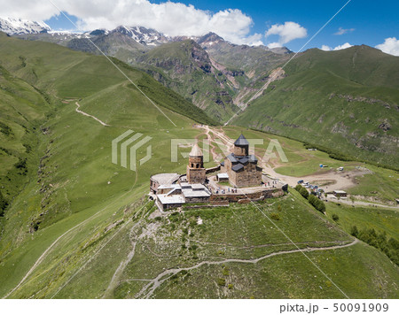 Aerial view to Gergeti Trinity Church or Tsminda 50091909
