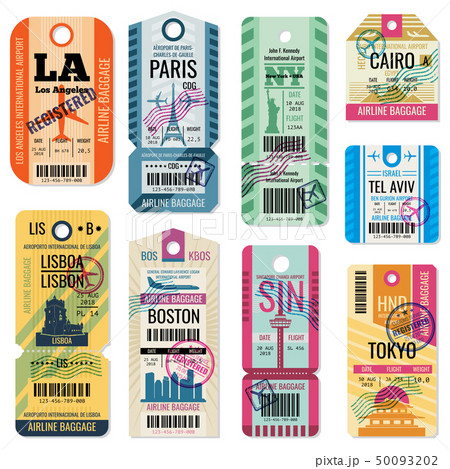 Retro travel luggage labels and baggage tickets with flight symbol vector collection 50093202