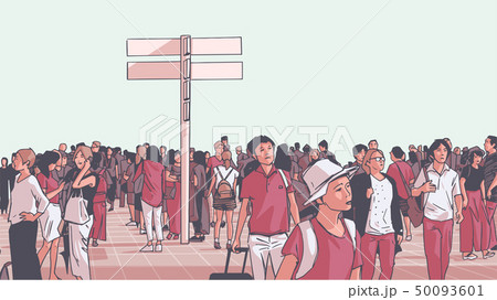 Crowded city train station with tourists 50093601