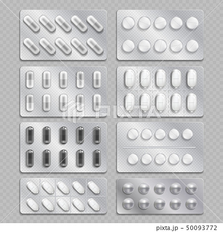 Realistic 3d drugs packaging, painkiller pills isolated on transparent background 50093772
