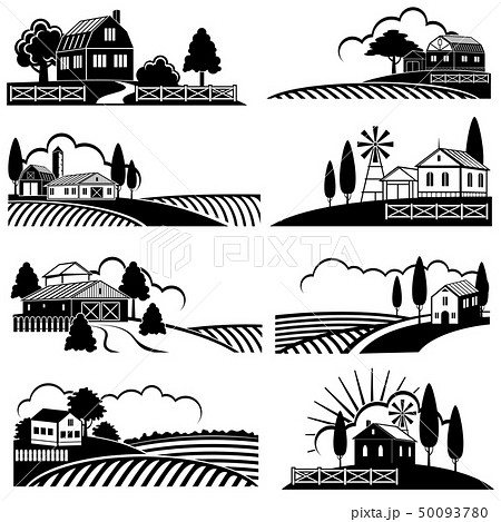 Vintage Countryside Landscape With Farm Scene のイラスト素材
