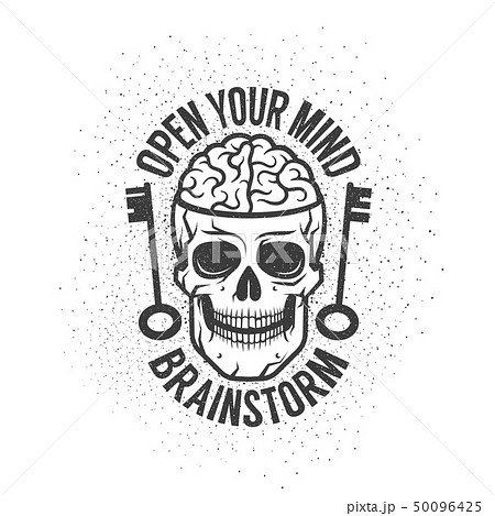 Retro emblem with a human brain in the skull and old keys Retro emblem with a human brain in the skull and old keys 50096425
