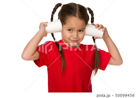 cute little child girl playing with paper cups cute little child girl playing with paper cups 50099456