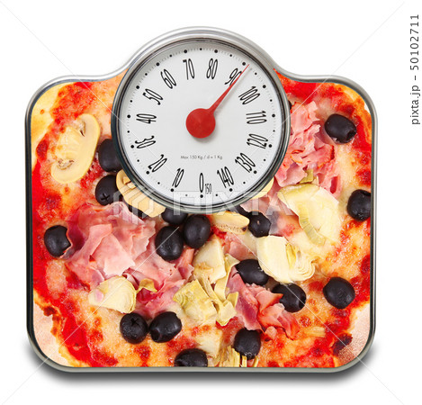Scales for people with pizza in white background 50102711