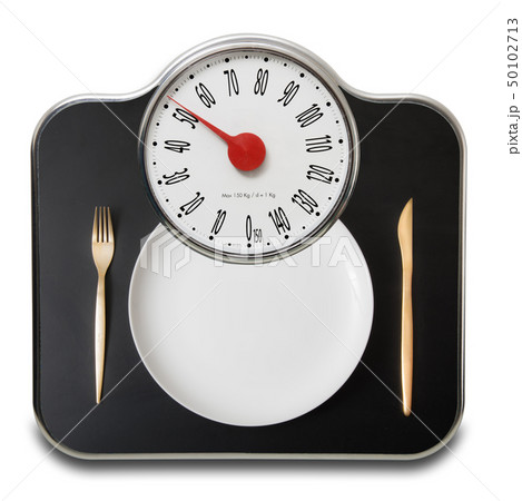 Scales for people with dish in white background 50102713