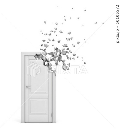 3d rendering of white door starting to dissolve into pieces from top right corner isolated on white 50106572