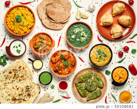 Indian food and indian cuisine dishes, top view 50108682