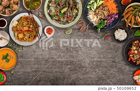 Asian food background with various ingredients on rustic stone background , top view. 50109652