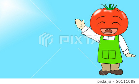 トマトのキャラクター　店員風　笑顔　ブルー背景 50111088