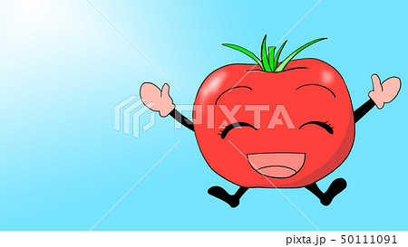 トマトちゃん 笑顔 キャラクター ブルー背景のイラスト素材