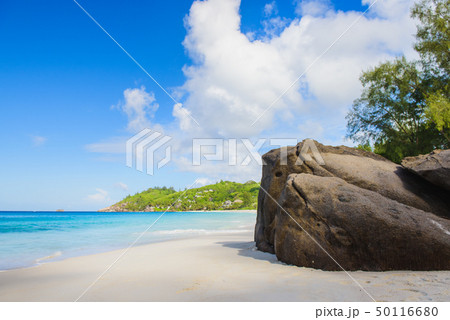 Paradise view of Seychelles beach with rocks 50116680