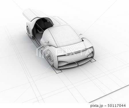 電気自動車のクレイレンダリングワイヤーフレームイメージ 右ドアが開いた状態のイラスト素材