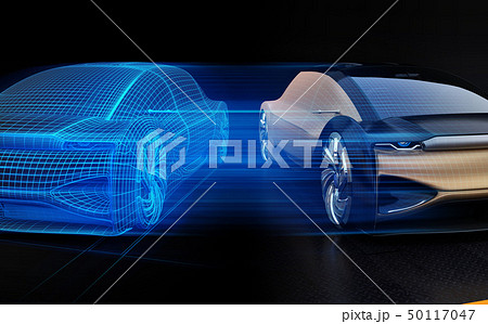 電気自動車と反転メッシュスタイル処理のイメージ。デジタルツインコンセプト 50117047