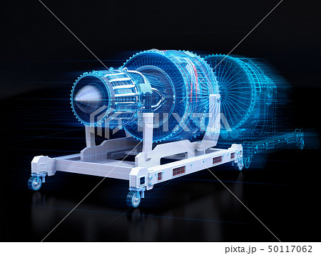航空機ジェットエンジンとデジタルメッシュデータ デジタルツインのコンセプトのイラスト素材