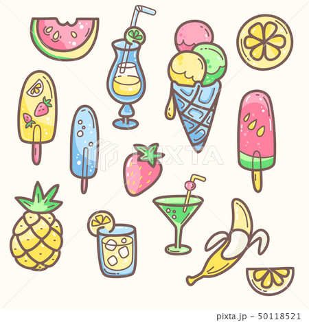 Kawaii cute collection of summer sweet food, ice-cream, fruits and coctails.  50118521