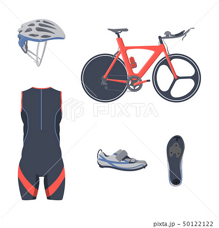 Triathlon set. Vector bicycle equipment and clothes. 50122122