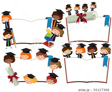Four blank books with kids in graduation outfits 50127368
