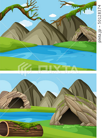Two background scenes with mountains and rivers Two background scenes with mountains and rivers 50128374