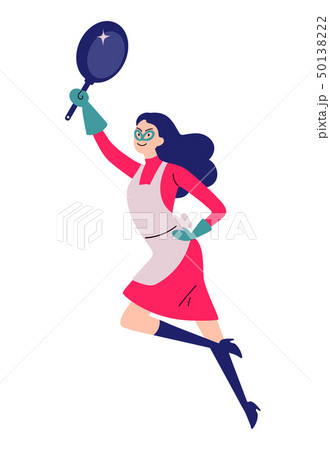 Portrait of cleaning super hero housewife with a frying pan. 50138222