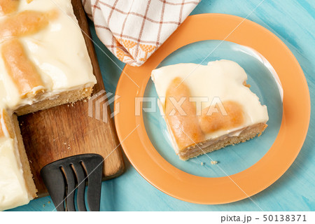 Sliced piece of apple pie with sour cream on a plate - photo, image Sliced piece of apple pie with sour cream on a plate - photo, image 50138371