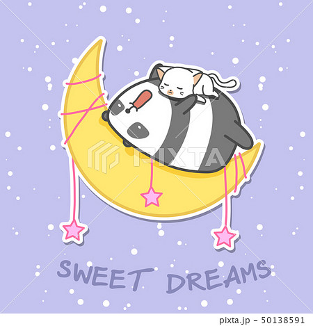 Panda and cat are sleeping on the moon. 50138591