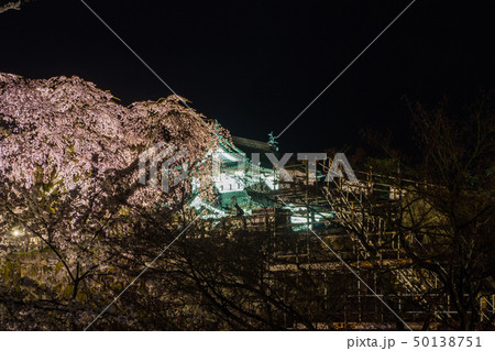 下乗橋から見た春のライトアップされた弘前城跡の修復中の石垣と移転した天守の風景 50138751