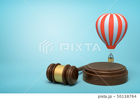3d rendering of small striped hot-air balloon in air above brown sound block with gavel beside on 50138764