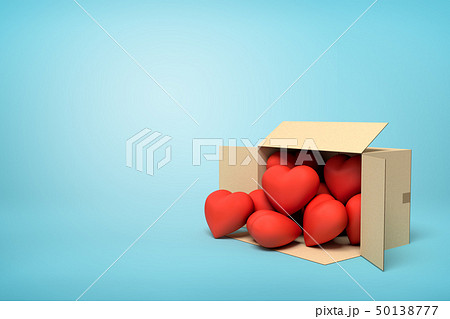 3d rendering of open cardboard box lying sidelong with cute red hearts inside and several outside on 50138777