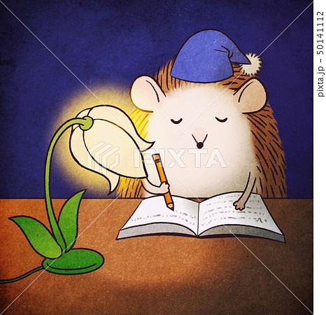 花のランプで書き物をするハリネズミ ペンで手書きのイラスト 日記 小説 お勉強 のイラスト素材 花のランプで書き物をするハリネズミ ペンで手書きのイラスト 日記 小説 お勉強 のイラスト素材