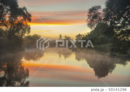 Fog over the river at sunrise time Fog over the river at sunrise time 50141296